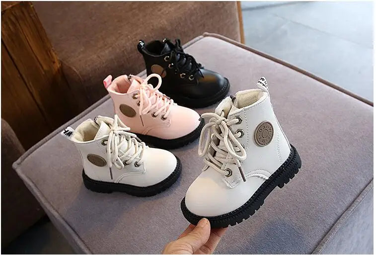 Autumn/Winter Kids' Leather Boots – Warm Plush, Waterproof, Non-Slip Fashion Boots for Boys and Girls (Sizes 21–30)