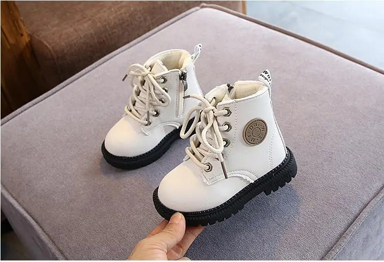 Autumn/Winter Kids' Leather Boots – Warm Plush, Waterproof, Non-Slip Fashion Boots for Boys and Girls (Sizes 21–30)