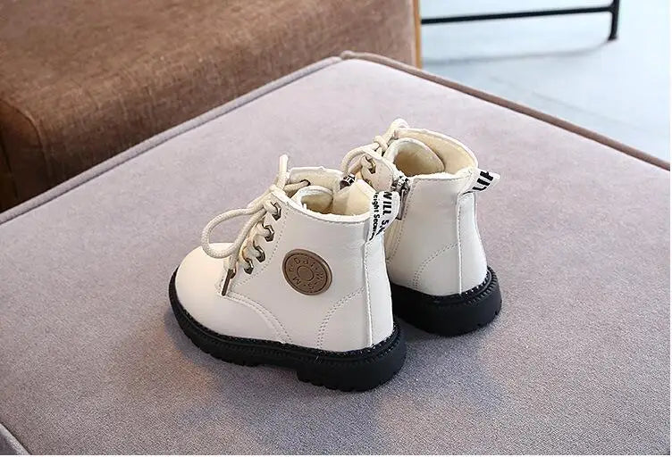 Autumn/Winter Kids' Leather Boots – Warm Plush, Waterproof, Non-Slip Fashion Boots for Boys and Girls (Sizes 21–30)
