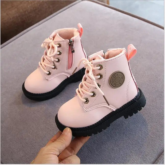 Autumn/Winter Kids' Leather Boots – Warm Plush, Waterproof, Non-Slip Fashion Boots for Boys and Girls (Sizes 21–30)