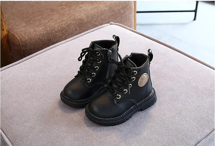 Autumn/Winter Kids' Leather Boots – Warm Plush, Waterproof, Non-Slip Fashion Boots for Boys and Girls (Sizes 21–30)