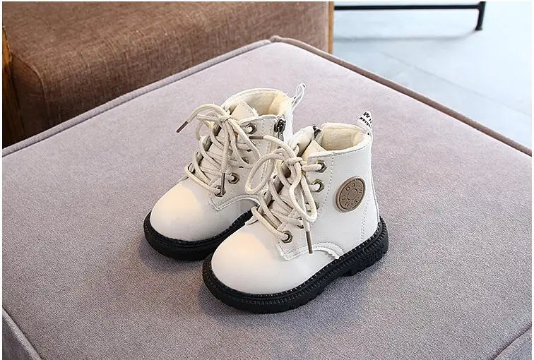 Autumn/Winter Kids' Leather Boots – Warm Plush, Waterproof, Non-Slip Fashion Boots for Boys and Girls (Sizes 21–30)