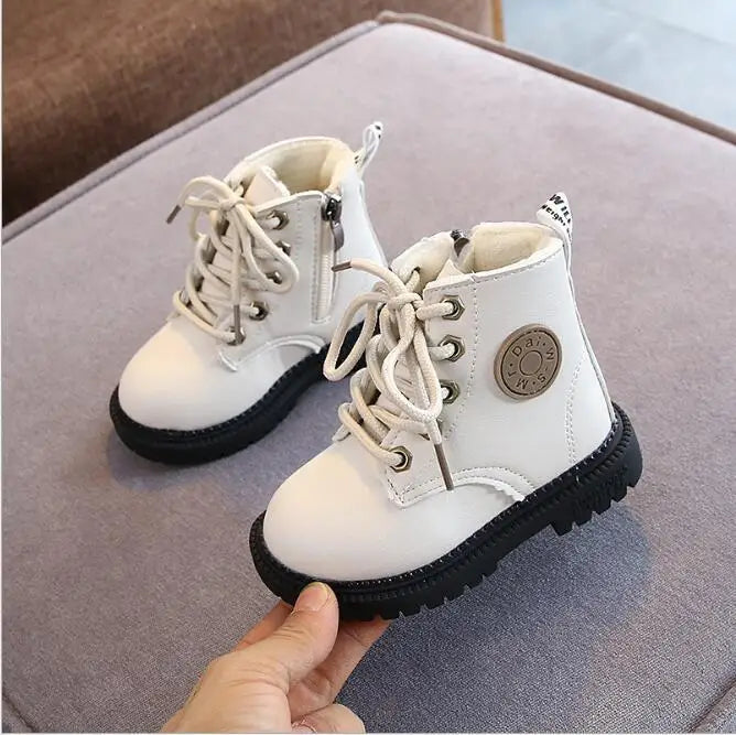 Autumn/Winter Kids' Leather Boots – Warm Plush, Waterproof, Non-Slip Fashion Boots for Boys and Girls (Sizes 21–30)