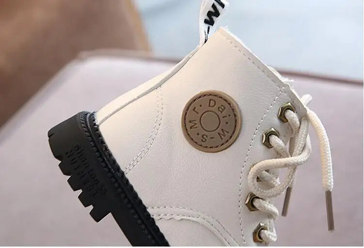 Autumn/Winter Kids' Leather Boots – Warm Plush, Waterproof, Non-Slip Fashion Boots for Boys and Girls (Sizes 21–30)