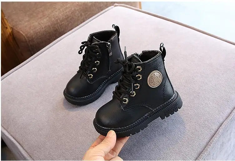 Autumn/Winter Kids' Leather Boots – Warm Plush, Waterproof, Non-Slip Fashion Boots for Boys and Girls (Sizes 21–30)
