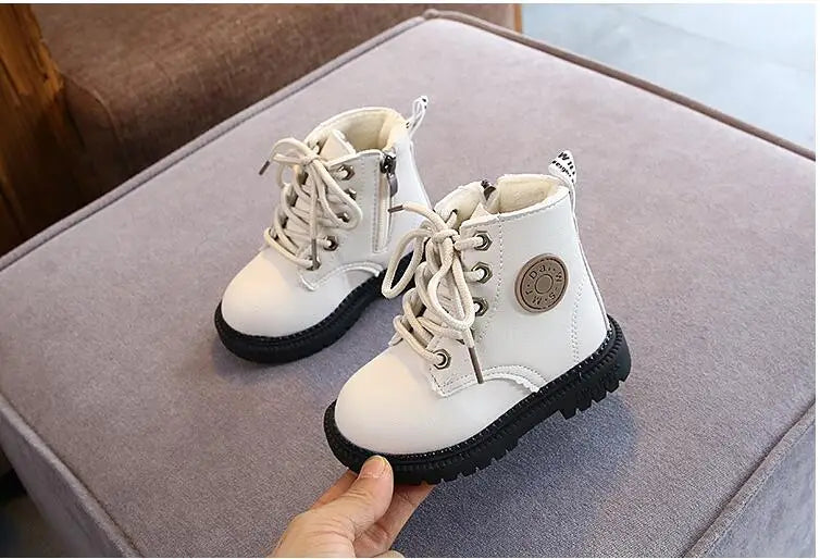 Autumn/Winter Kids' Leather Boots – Warm Plush, Waterproof, Non-Slip Fashion Boots for Boys and Girls (Sizes 21–30)