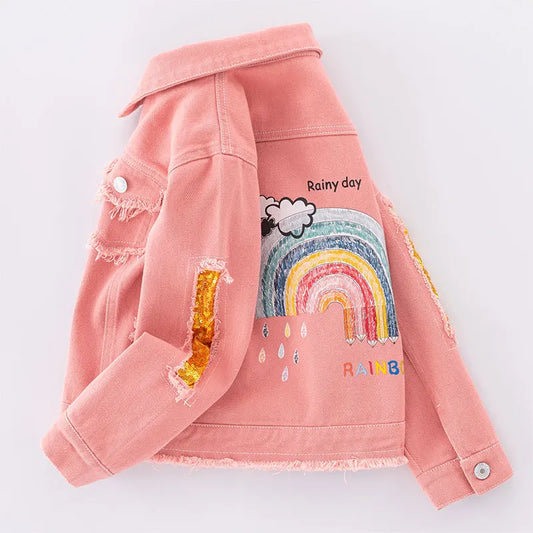 5-12 Years Teen Girls Denim Jacket New Fashion Pink Rainbow Sequins Jean Coat For Girl Spring Autumn Children Outerwear Clothing