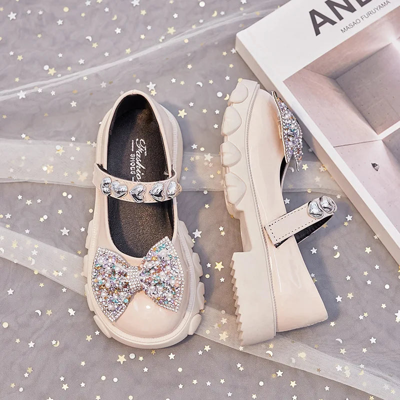 2023 Spring & Autumn New Girls' Rhinestone Soft-soled Leather Shoes Round-toe Versatile Shallow Mary Jane Casual Kids Fashion PU