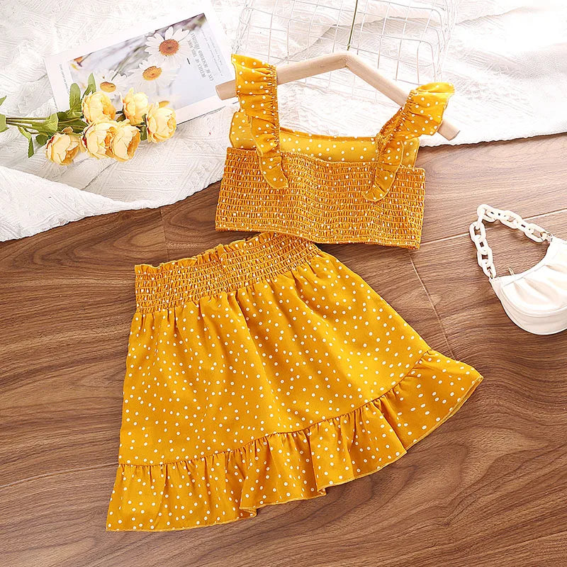 Girls' Clothing Set 5-12T Tri-Color Optional Flying Sleeve Square Collar Vest Top + Lace Skirts  Children Girls Baby Clothes Set