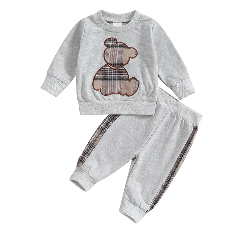 0-24M Baby Girls Autumn Clothes Newborn Toddler Long Sleeve Plaid Bear Pattern Tops Sweatshirt Pants Outfits Tracksuits