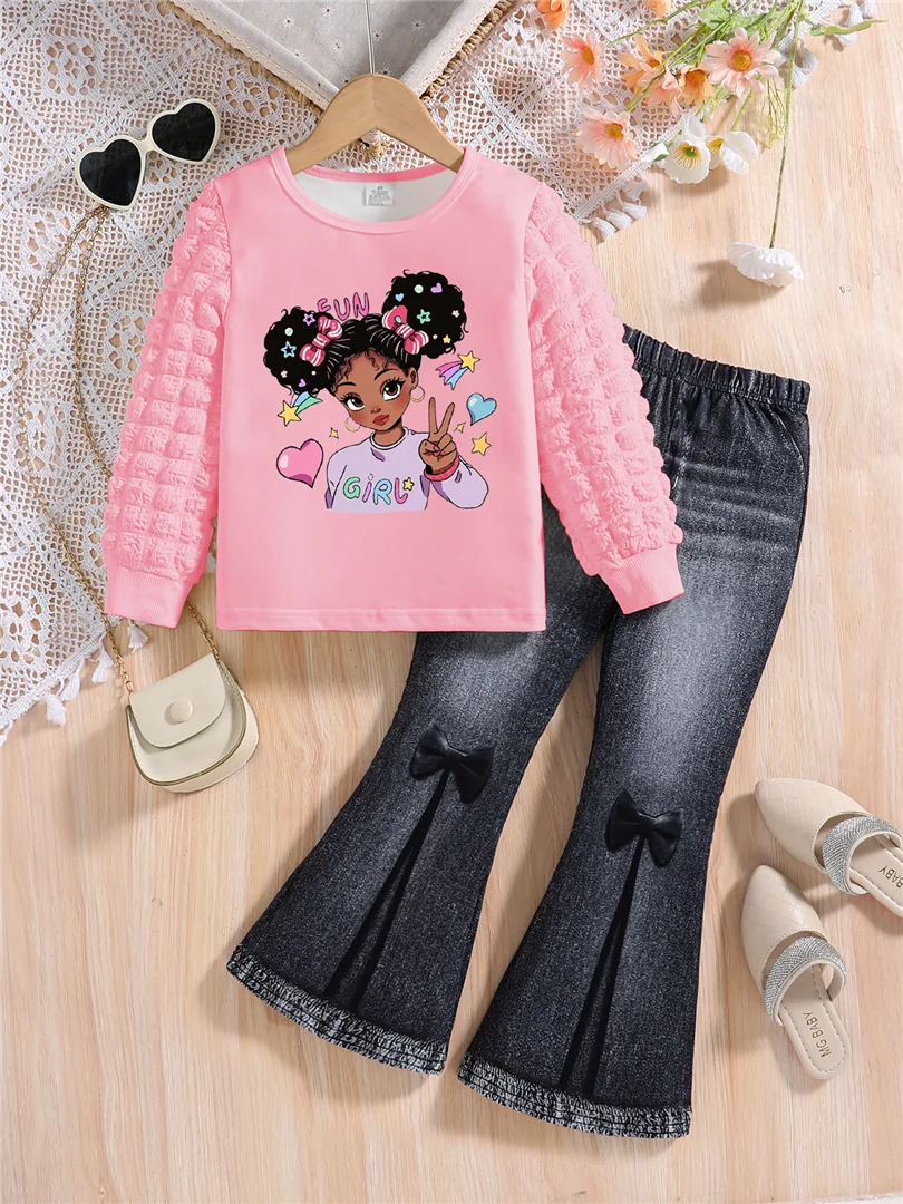 Girls' Two-Piece Spring/Autumn Outfit – White Round Neck Long Sleeve Top with Cartoon Print and Solid Color Slim-Fit Pants
