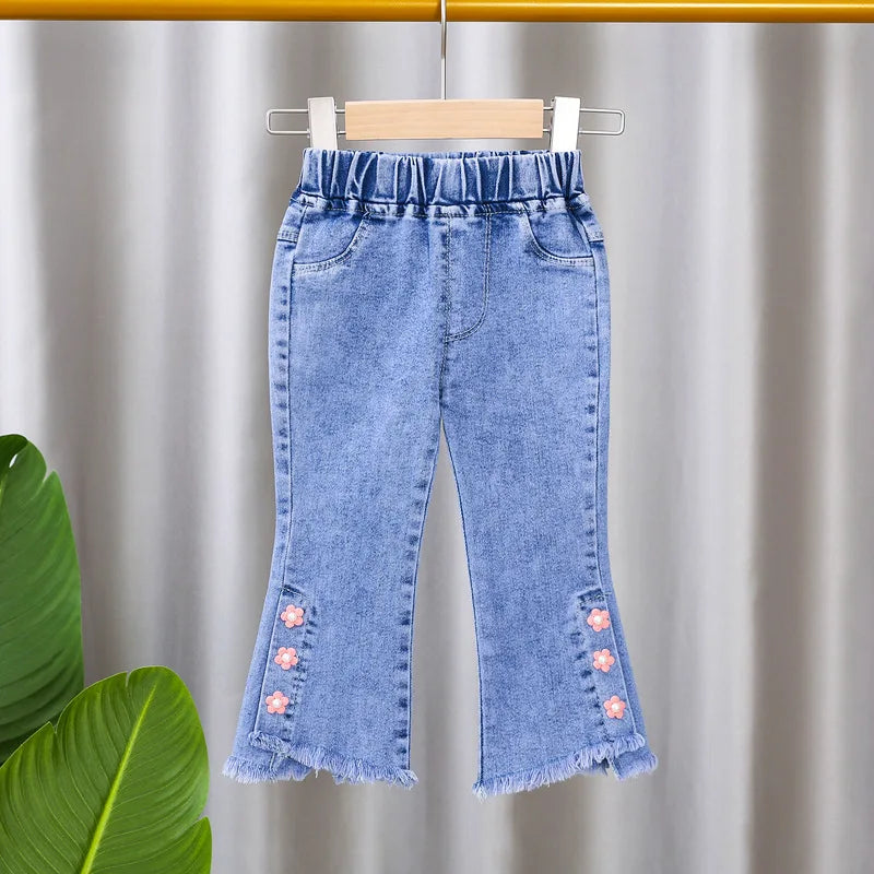 2024 New Spring and Autumn Children's Jeans Fashion Girls Korean Bow Horn Jeans Infant Stretch Pants 0-5 Years Old