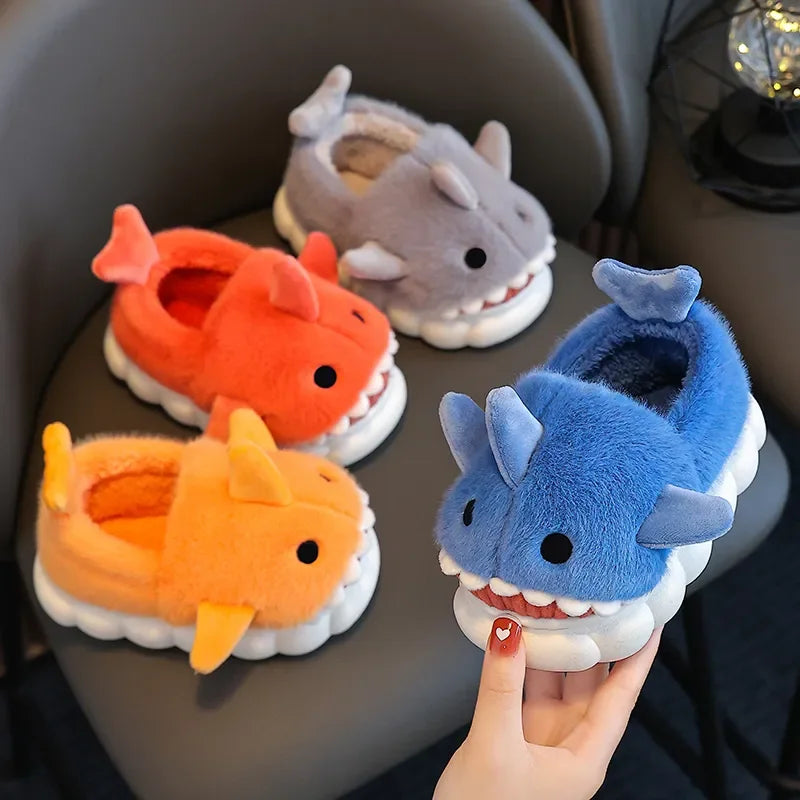 Winter Wrap Heels Plush Slippers Children's Cute Cartoon Shark Non-slip Soft Sole Kids Boys Girls Junior Warm Home Cotton Shoes
