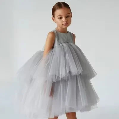Kids Girls Formal Dresses Birthday Party Dress Sleeveless O-neck Cake Layered Princess Dress Children Clothes E0702