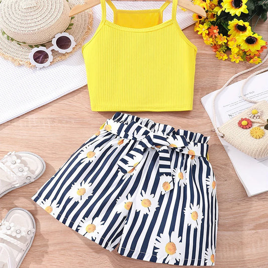 Two Piece Summer Girl Girl Cool And Breathable Cute Camisole Vest Printed Shorts Casual Princess Birthday Party Costume Set