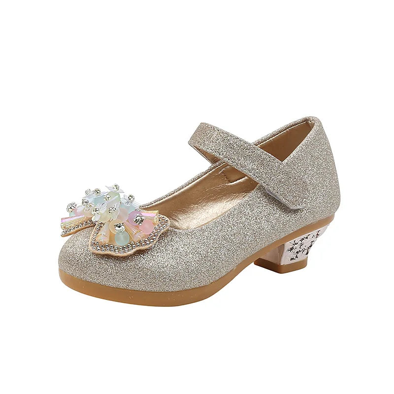 Children's Leather Shoes Spring Autumn Versatile Girls High Heels for Princess Party Fashion Sweet Bowtie Kid Causal Dress Shoes