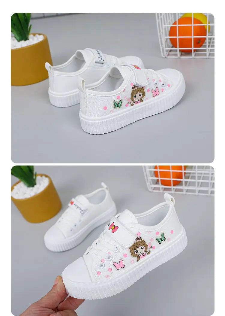 Children's Cute Cartoon Canvas Shoes Girls' Flat Bottomed Casual Sports Shoes Students Lightweight Running Board Shoes Sneakers