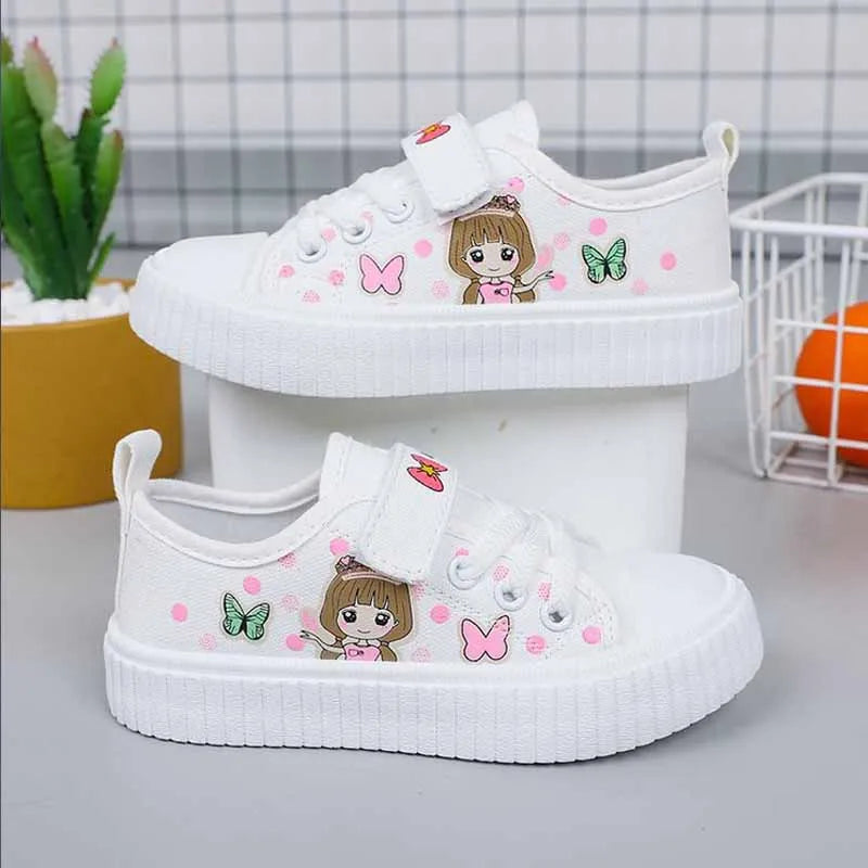 Children's Cute Cartoon Canvas Shoes Girls' Flat Bottomed Casual Sports Shoes Students Lightweight Running Board Shoes Sneakers