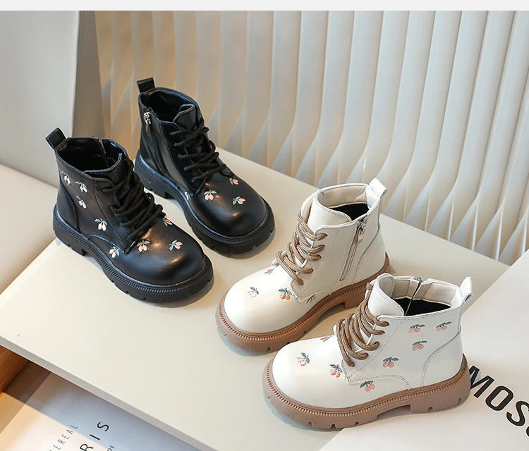 Girls' Fashion Ankle Boots – Embroidered Leather Spring/Autumn Boots for Kids, Casual and Versatile Princess-Style Footwear