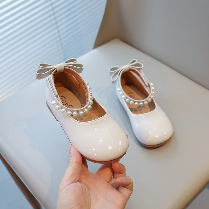 Spring Girl's Mary Janes Beading Ankle-strap New Children Princess Shoe Patent Leather Four Colors Round Toe Kids Flats 23-35