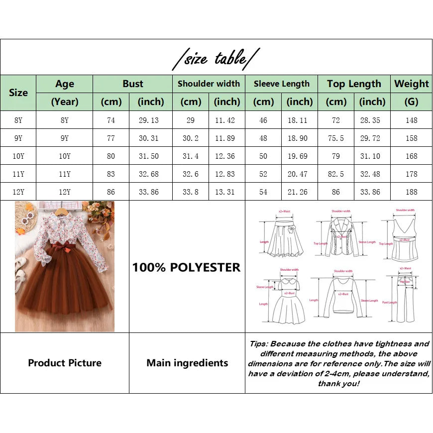 Kids Girls Dress Summer Long Sleeve Floral Gauze Belt Children Dress Casual Sweet Elegant Teen Princess Dress 7 8 9 10 11 12 Yrs