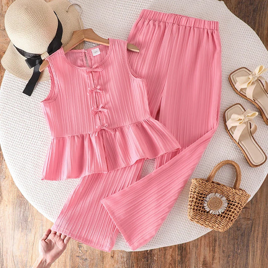 Summer Solid Color Pink Striped O-Neck Sleeveless Bowknot Top & Elastic Waist Pants  For Girls 8-12 Years Korean Style Daliy Set