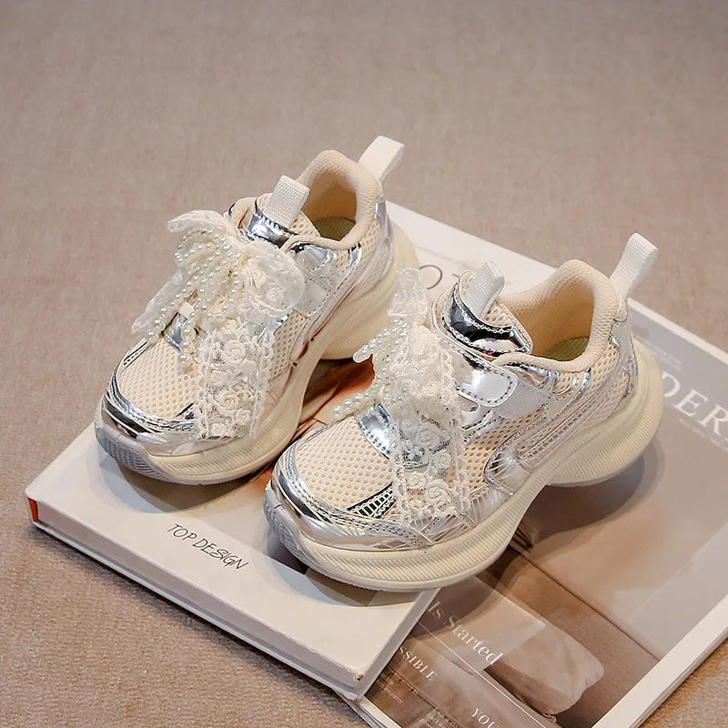 Girls Sneakers Princess Style Children Running Shoes Thick Soft Sole 2025 New Fashion Kids Sports Shoes Mesh Bows Sweet Cute