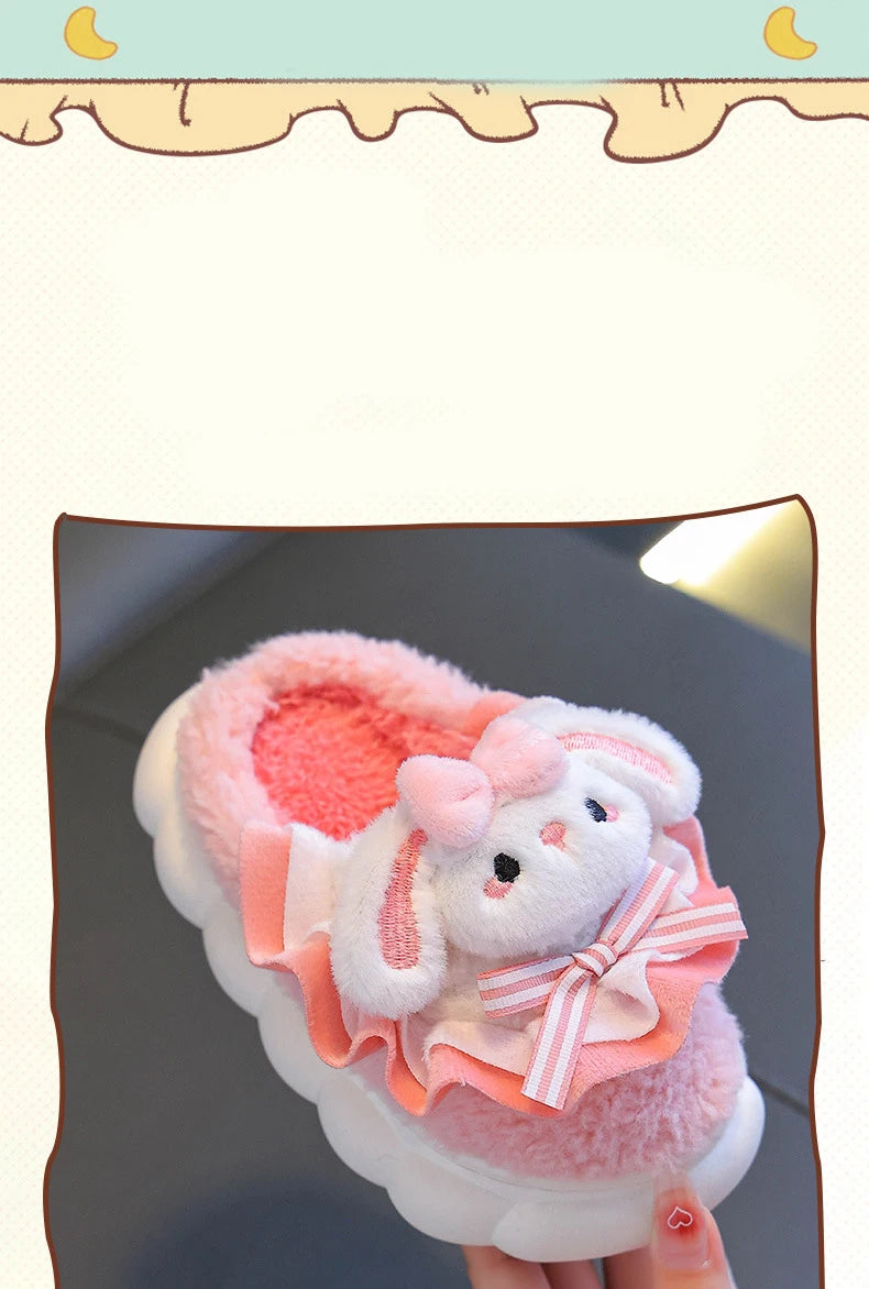 2024 New Winter Children's Cotton Slippers - Cute and Warm Fleece Rabbit Fur Baby's Home Cotton Slippers for Girls