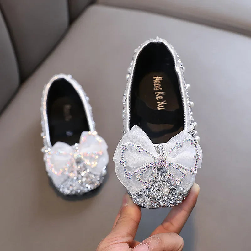 Spring Children's Lace Bow Princess Shoes Girls Bling Sequins Leather Shoes Anti-slippery New Kids Beaded Wedding Shoes G06142