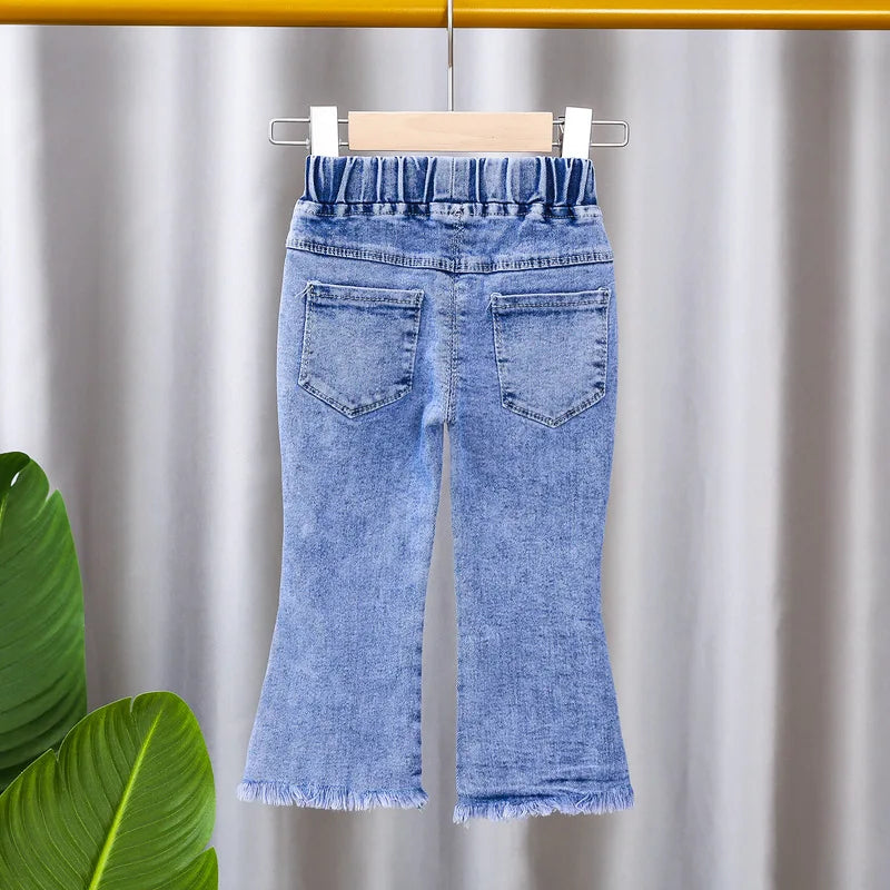 2024 New Spring and Autumn Children's Jeans Fashion Girls Korean Bow Horn Jeans Infant Stretch Pants 0-5 Years Old