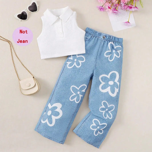 Young Girls' Solid Color Casual Tank Top With Denim Look Floral Print Straight Pants, Summer