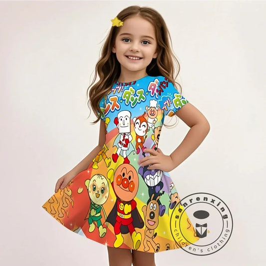 Summer Girls Cartoon Anpanman Printed Dress Kids Fashion One-piece Dress Girls Daily Casual Short Sleeve Clothing Outfit