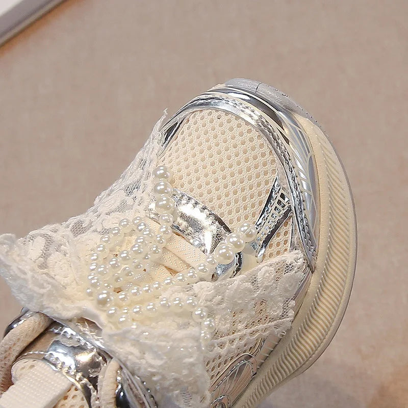 Girls Sneakers Princess Style Children Running Shoes Thick Soft Sole 2025 New Fashion Kids Sports Shoes Mesh Bows Sweet Cute