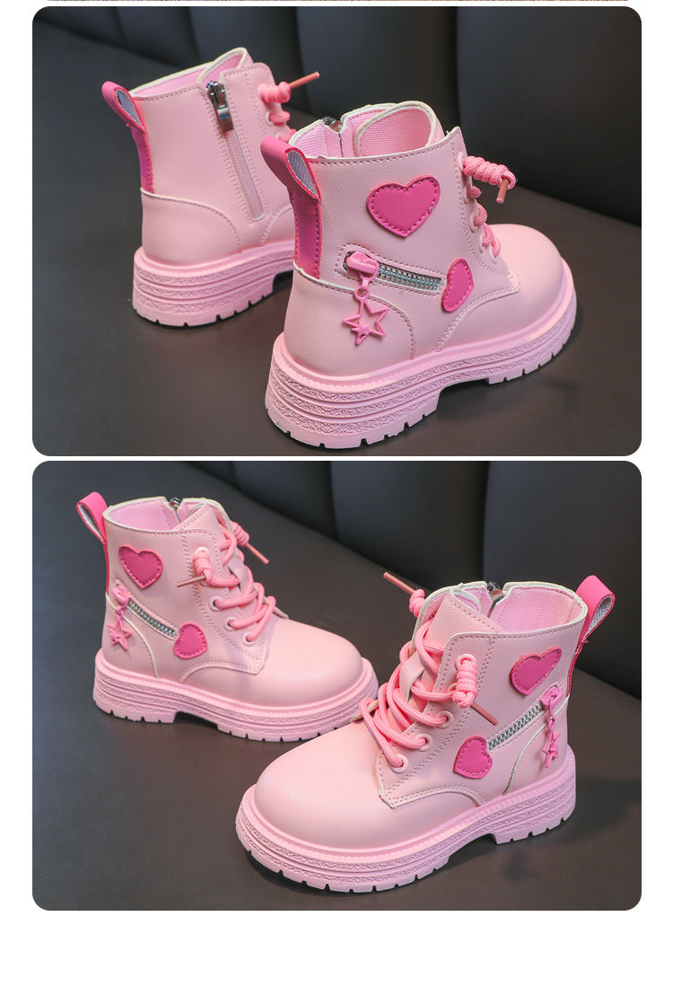Girls' Fashion Rubber Boots – Autumn/Winter PU Round-Toe Boots with Soft Cotton Lining, Side Zip, and Heart Detail in Pink