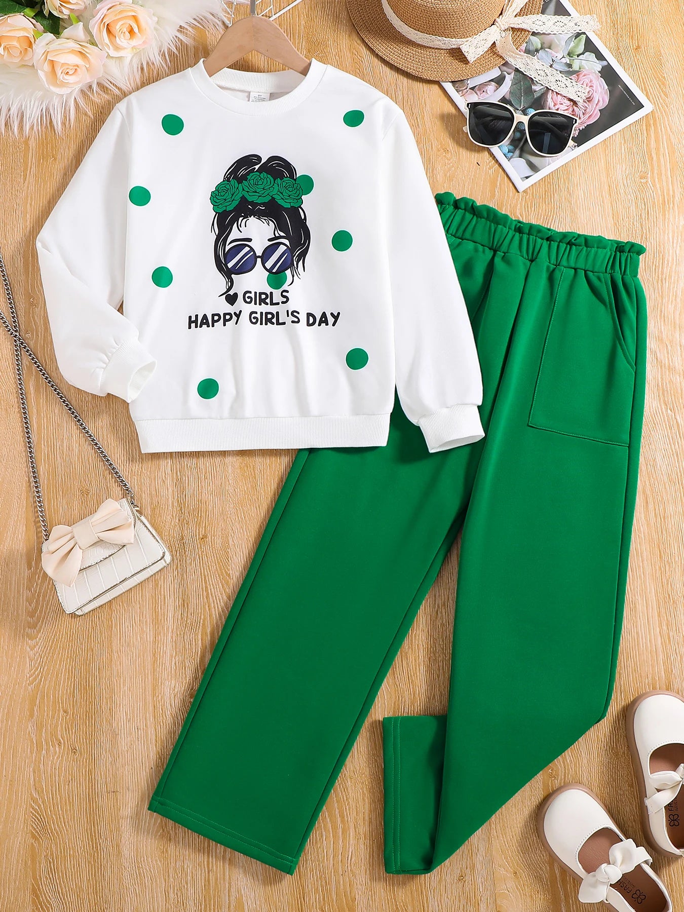 Spring and Autumn girls fashion 2 sets knitted round neck free girl print long sleeve + green slim casual pants suit