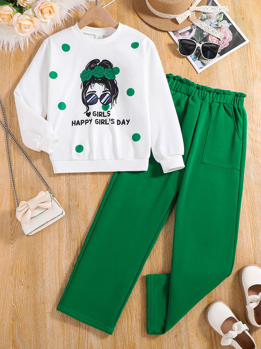 Spring and Autumn girls fashion 2 sets knitted round neck free girl print long sleeve + green slim casual pants suit