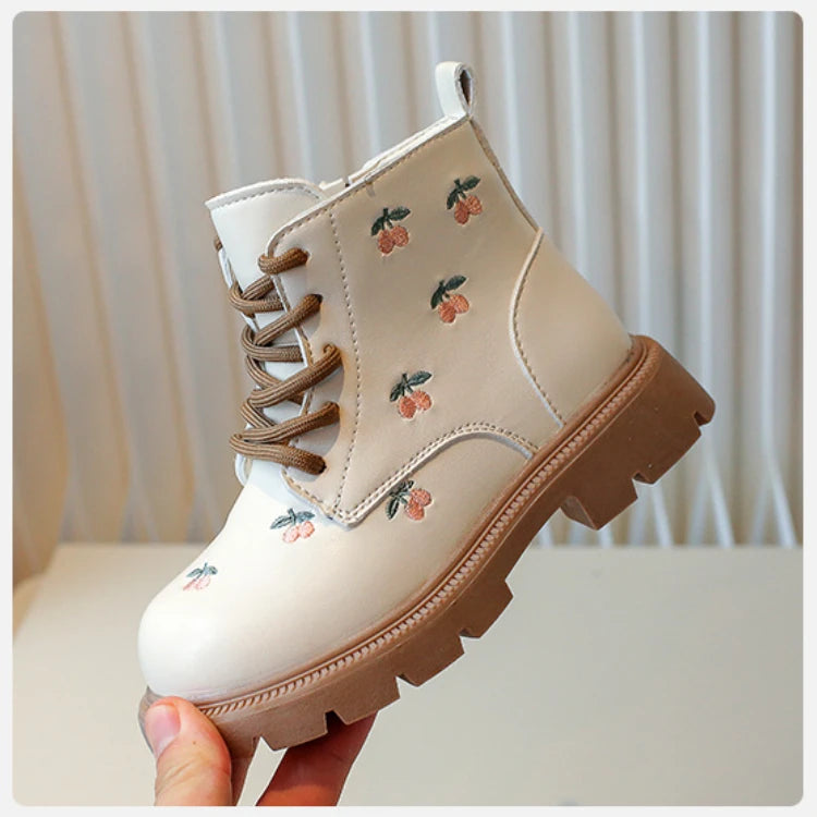 Girls' Fashion Ankle Boots – Embroidered Leather Spring/Autumn Boots for Kids, Casual and Versatile Princess-Style Footwear