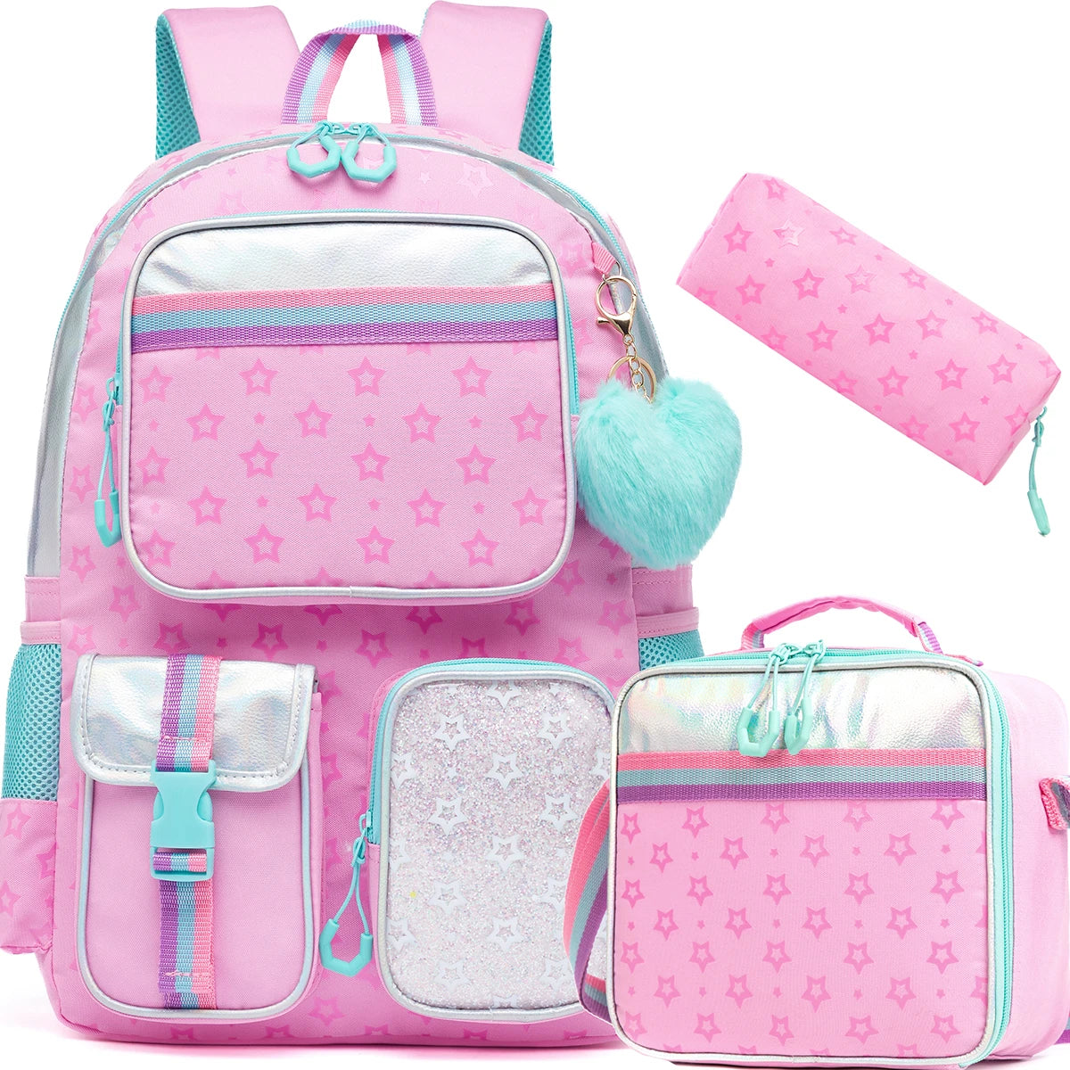 Girls' Macaron Color-Block School Backpack – Large-Capacity, Premium Bag with Rainbow Zipper for Kids and Teens
