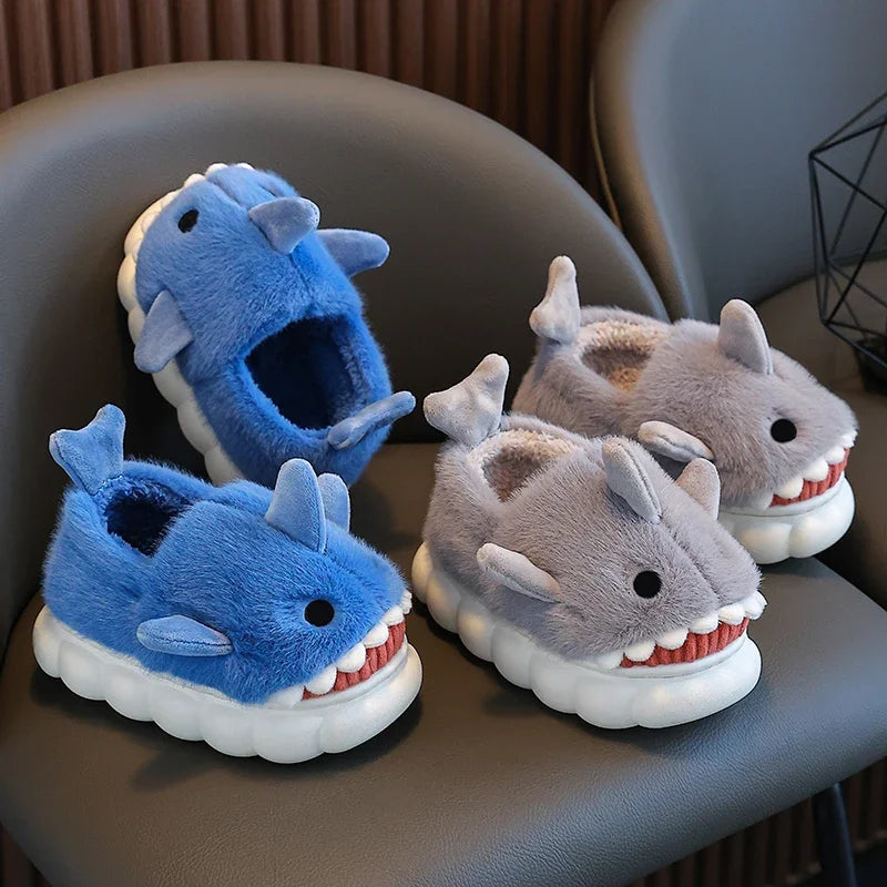 Winter Wrap Heels Plush Slippers Children's Cute Cartoon Shark Non-slip Soft Sole Kids Boys Girls Junior Warm Home Cotton Shoes
