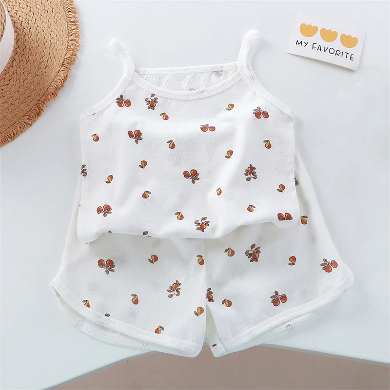 Baby Clothes Sets Summer Toddler Girl Strap Suits Cotton Printing Baby Boy Tops Tee and Shorts Infant Tracksuit Newborn Sets