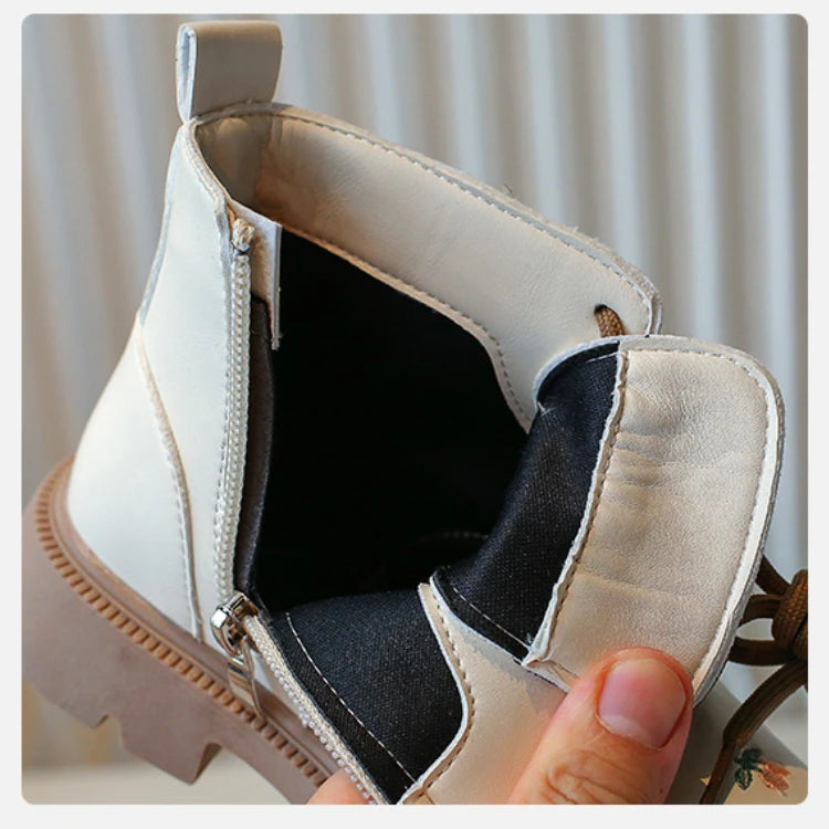 Girls' Fashion Ankle Boots – Embroidered Leather Spring/Autumn Boots for Kids, Casual and Versatile Princess-Style Footwear