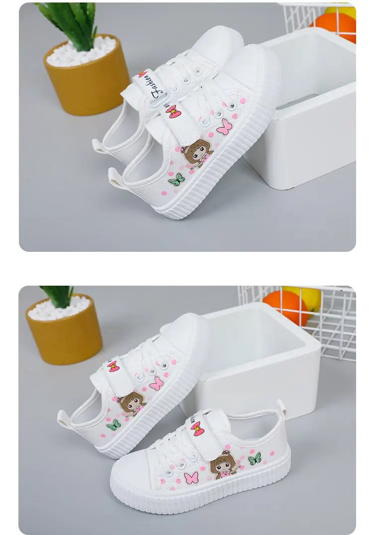 Children's Cute Cartoon Canvas Shoes Girls' Flat Bottomed Casual Sports Shoes Students Lightweight Running Board Shoes Sneakers