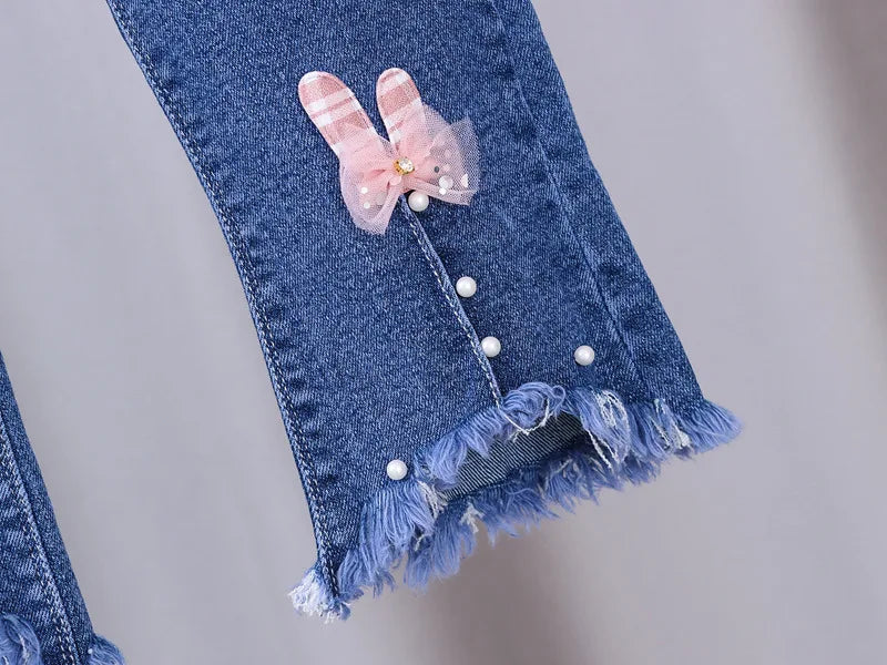 2024 New Spring and Autumn Children's Jeans Fashion Girls Korean Bow Horn Jeans Infant Stretch Pants 0-5 Years Old