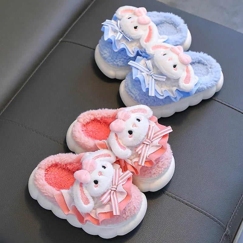 2024 New Winter Children's Cotton Slippers - Cute and Warm Fleece Rabbit Fur Baby's Home Cotton Slippers for Girls