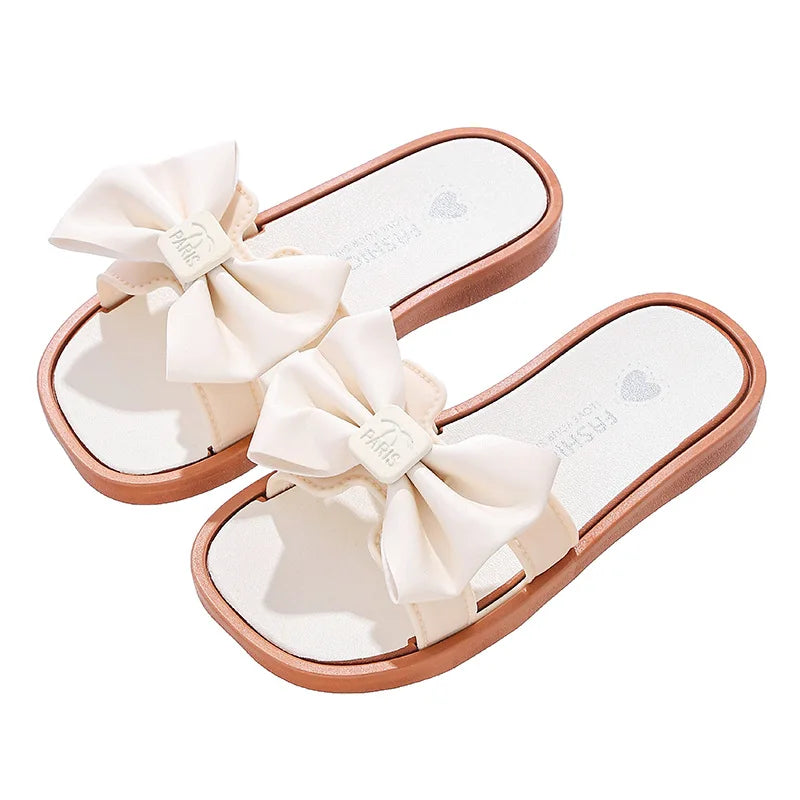 Girls Slippers Fashion Outside Wear Soft Bottom Non-slip Sweet Bow Sandals Slippers Middle and Big Children Beach One Word Drag