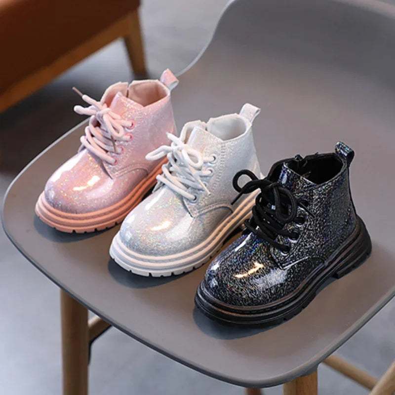 Girls' Boots Spring Autumn Versatile Children Causal Leather Boots Fashion Glossy PU Kids Princess Platform Ankle Boots Non-slip