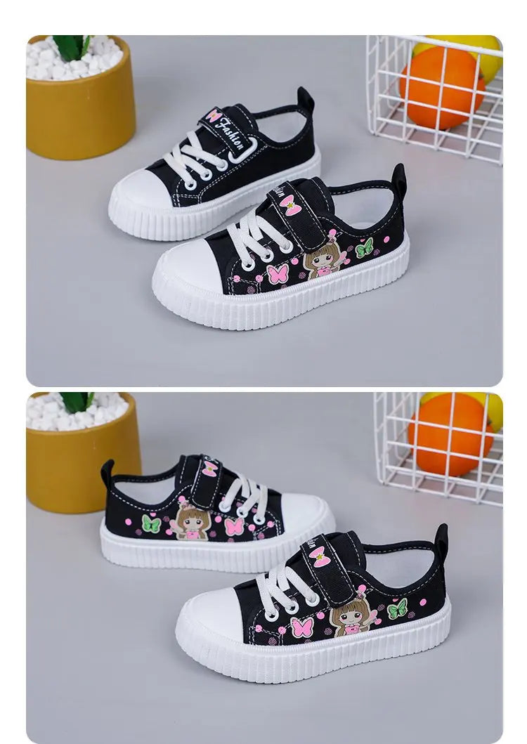 Children's Cute Cartoon Canvas Shoes Girls' Flat Bottomed Casual Sports Shoes Students Lightweight Running Board Shoes Sneakers