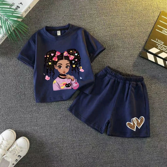 Summer Baby Girls' Clothing Set – 2-Piece Cartoon Print Short-Sleeve T-Shirt and Shorts Outfit for Kids