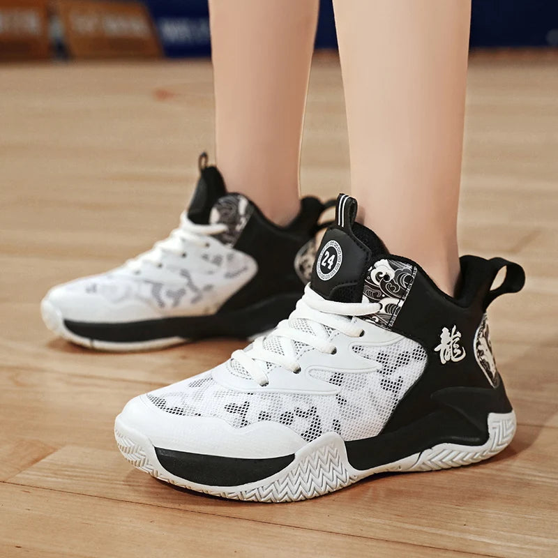 Children's basketball shoes Boys' sports shoes 2024 new breathable combat large children's rotary button sports shoes