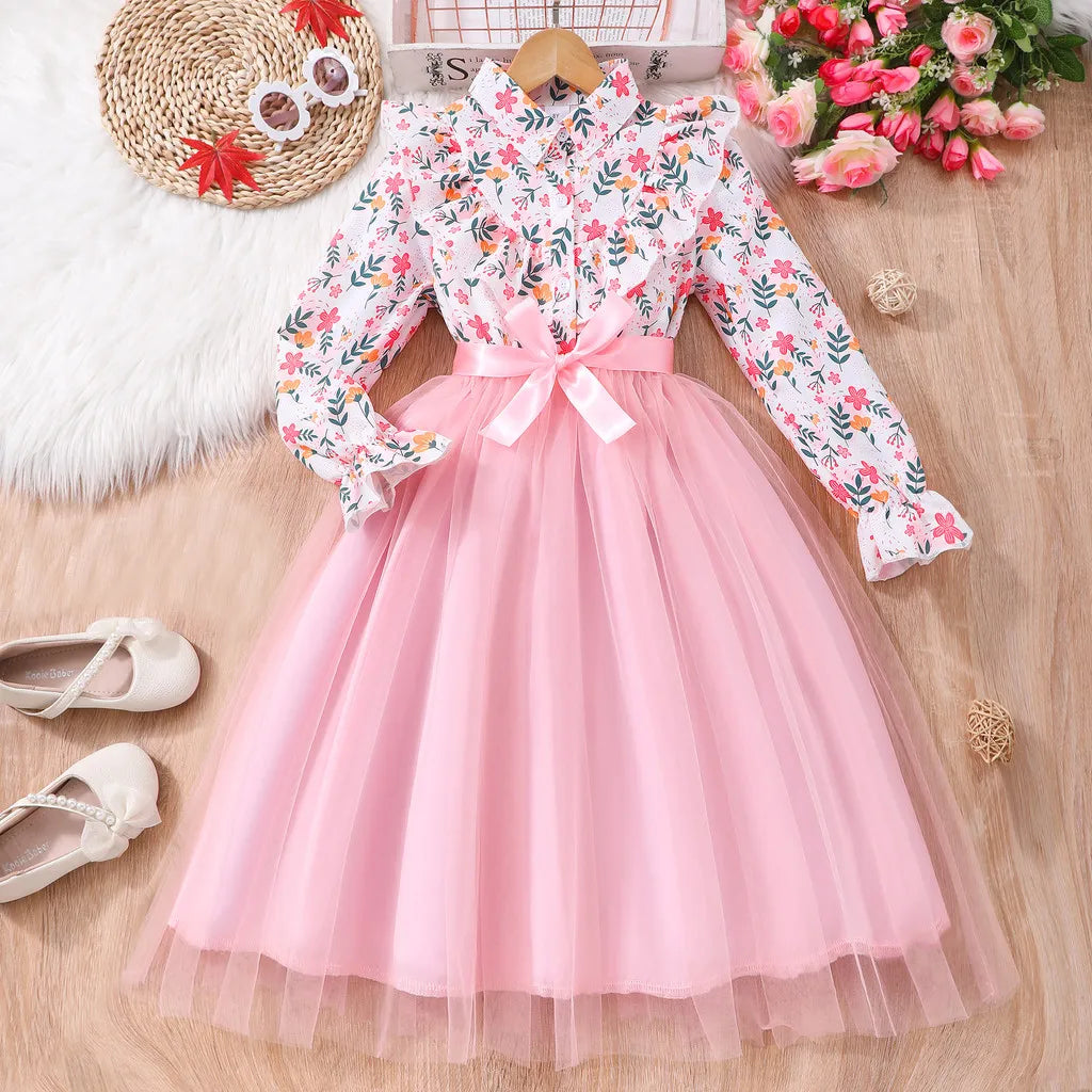 Kids Girls Dress Summer Long Sleeve Floral Gauze Belt Children Dress Casual Sweet Elegant Teen Princess Dress 7 8 9 10 11 12 Yrs